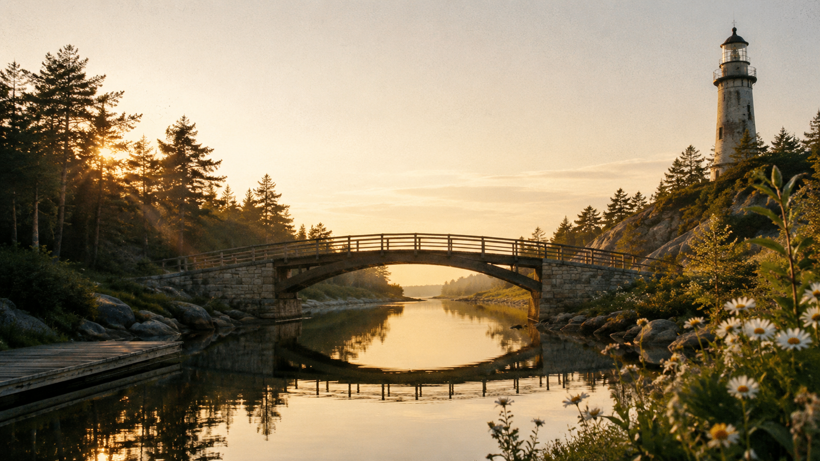 Puente al atardecer con faro